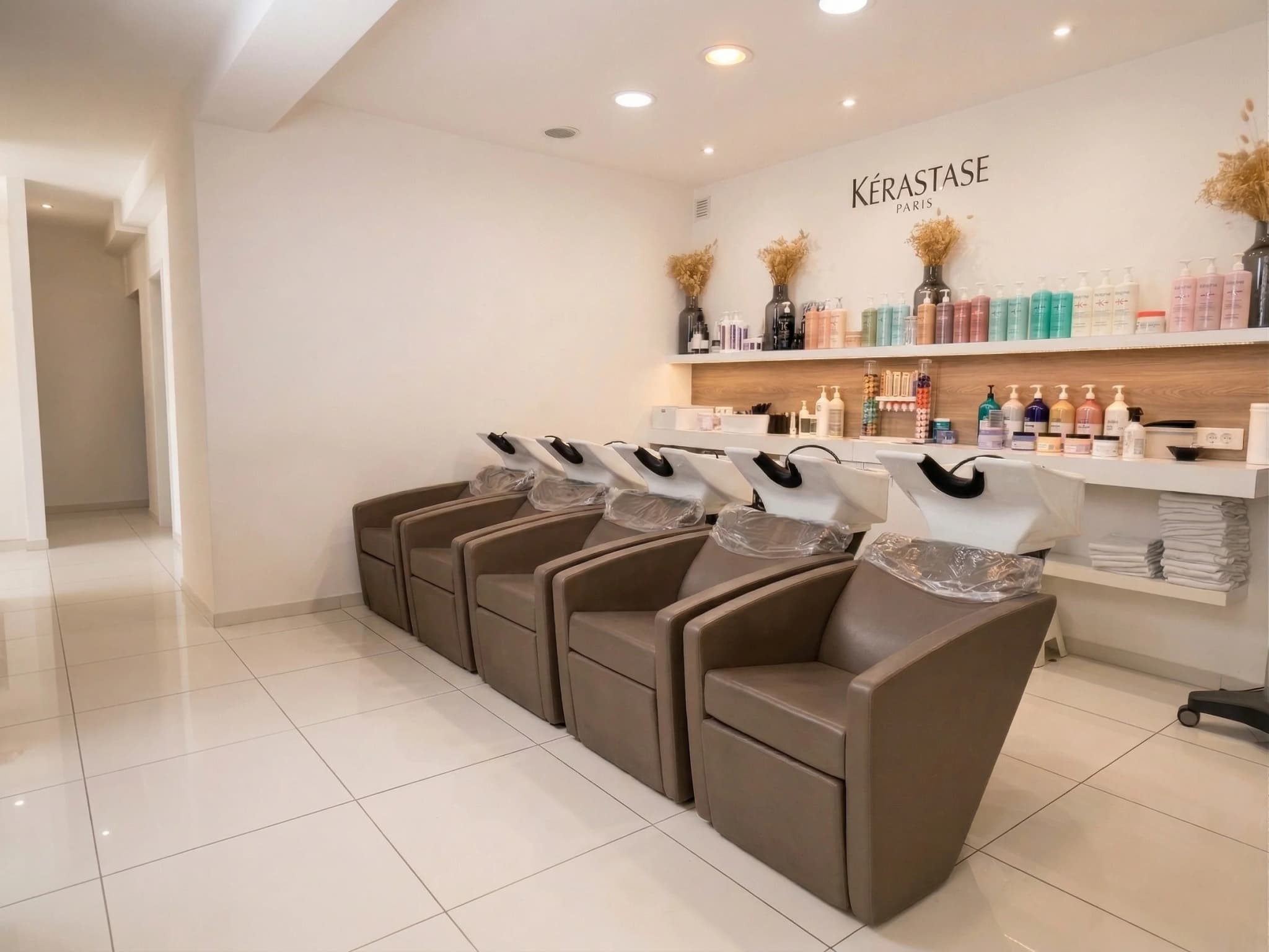 Friseurarbeitsplatz mit Stuhl und Spiegel, Isabel Coiffure Mamer